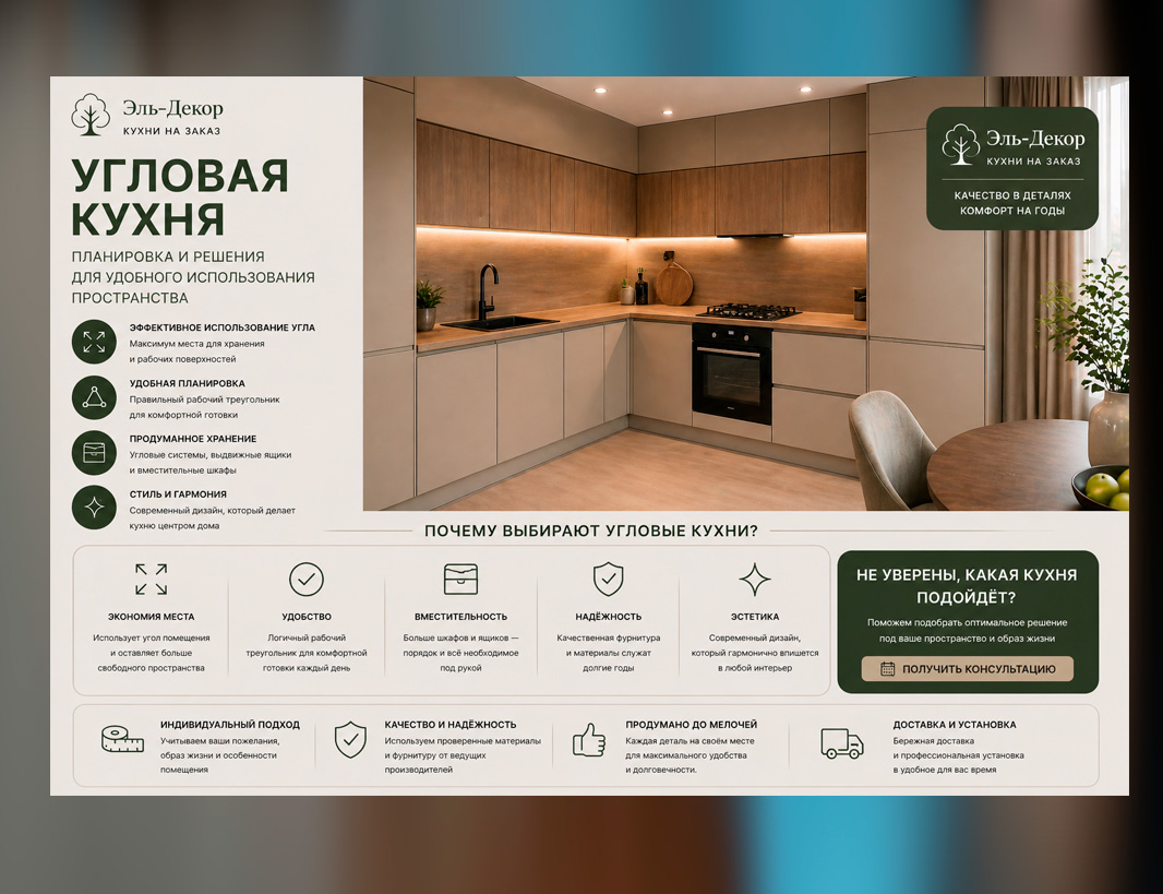 Угловая кухня на заказ от Эль-Декор