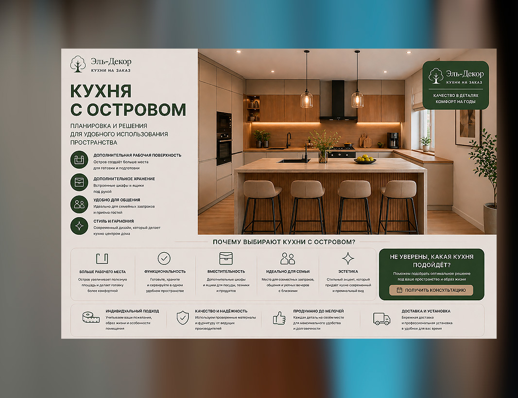 Кухня с островом на заказ от Эль-Декор