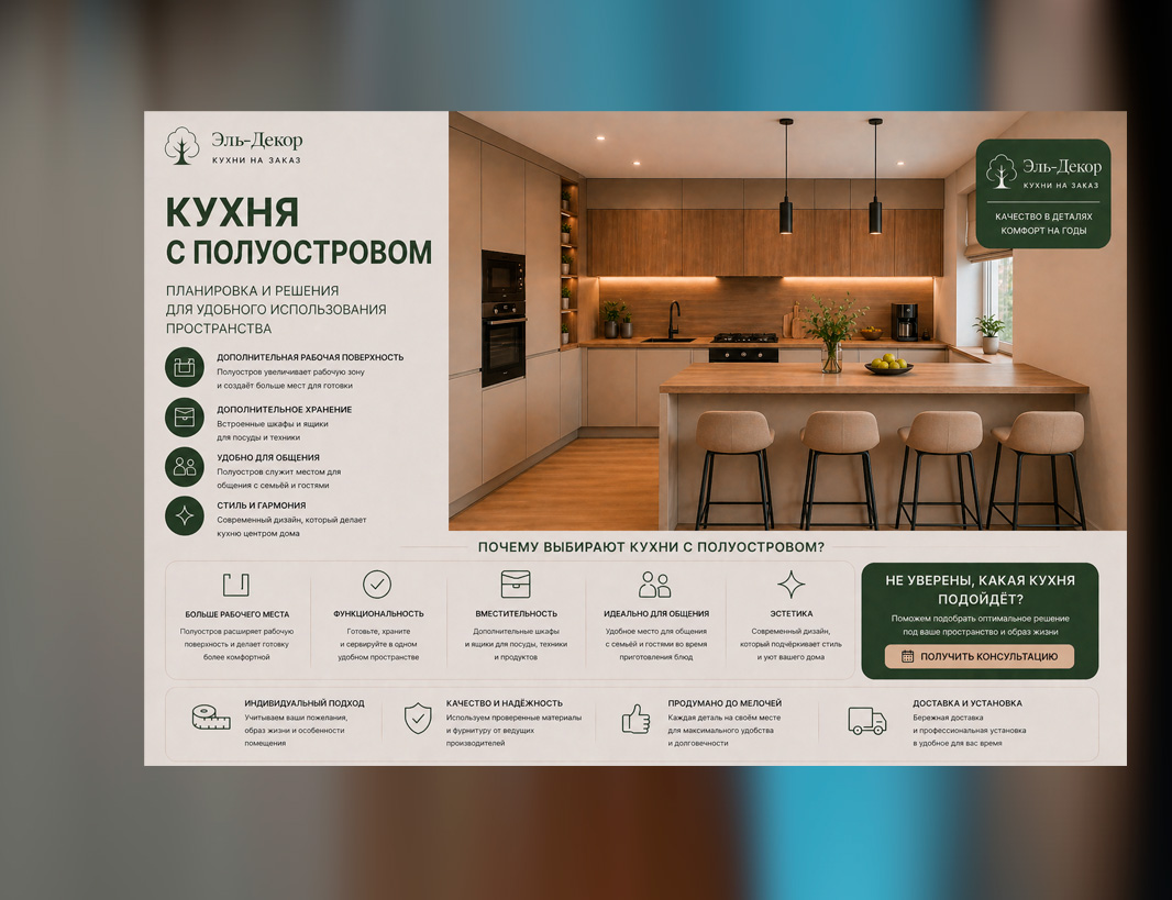 Кухня с полуостровом на заказ от Эль-Декор